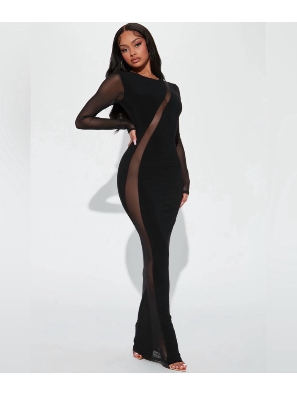 Fashion Nova Black Long Sleeve Mesh Maxi Dress